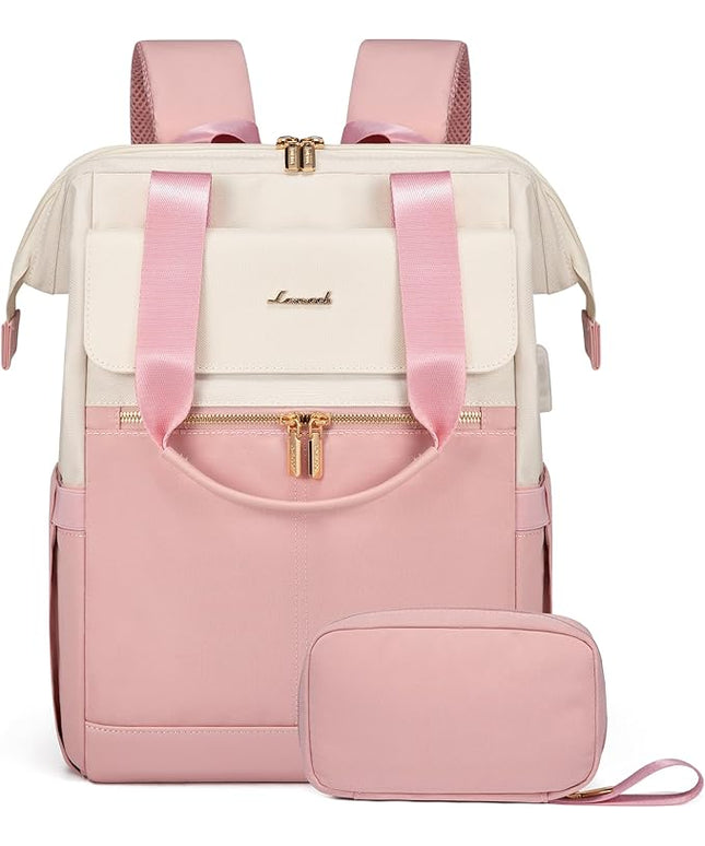 LOVEVOOK Laptop Backpack for Women, 15.6 Inch Work Laptop Bag with USB Port, Fashion Teacher Nurse Backpack Purse, Waterproof Travel Computer Backpack with Organizer Bag, 2PCS, Beige-Pink