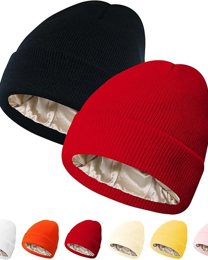 PFFY 2 Packs Womens Satin Lined Beanie Hat Silk Lining Winter Hats Beanies for Women Soft Slouchy Beanie Skull Cap
