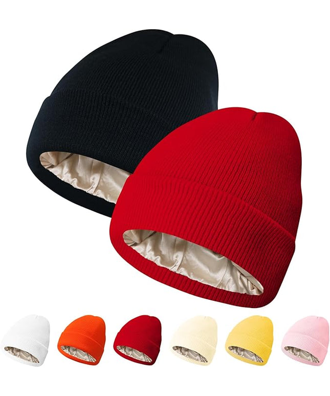 PFFY 2 Packs Womens Satin Lined Beanie Hat Silk Lining Winter Hats Beanies for Women Soft Slouchy Beanie Skull Cap