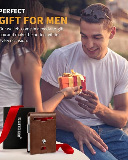 RUNBOX Mens Slim Wallet with Money Clip RFID Blocking Bifold Credit Card Holder for Men with Gift Box