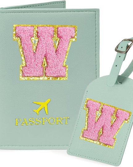 COSHAYSOO Initial Passport Cover Luggage Tag Set Letter Passport Holder Airplane Cruise Travel Essentials Vacation Traveling Accessories Personalized Gifts for Women Teen College Girls Teal W