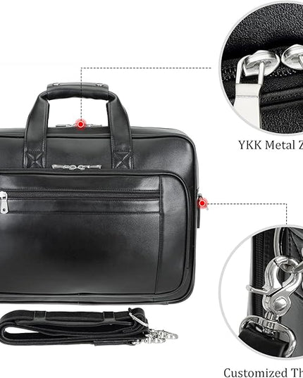 Men's Solid Thick Full Grain Leather 17.3" Laptop Briefcase Classic Messenger Bag Fit Business Travel | Solid, Thick, Full Grain Leather, 17.3", Classic, Fit, Business Travel