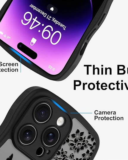 Wavy Case for iPhone 14 Pro Case with Stand [Compatible with MagSafe] Cute Black Cat & Floral & Butterflies Pattern Design, Kawaii 360 Magnetic Ring Kickstand Phone Cover for Women Girls