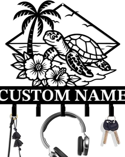 Casebrick Custom Sea Turtle Metal Wall Hooks,Key Holder-Personalized Iron Wall Decor for Keys, Coats & Home Organization (Black, Handmade,Decorative for Entryway, Beach,Bedroom,Office) (Style L)
