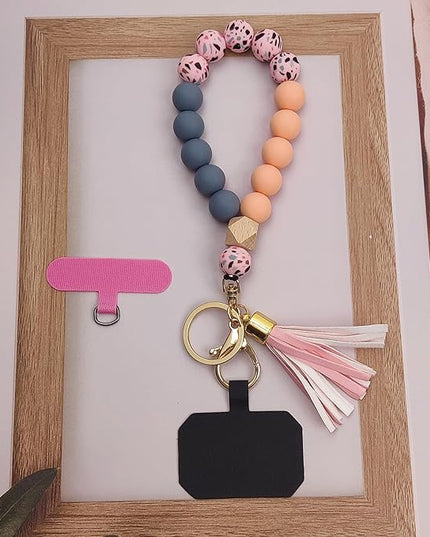 Phone Lanyard Silicone Beaded Phone Wrist Strap Cute Elastic Cell Phone Wristlet Chain Bracelet with 2 Tether Tab