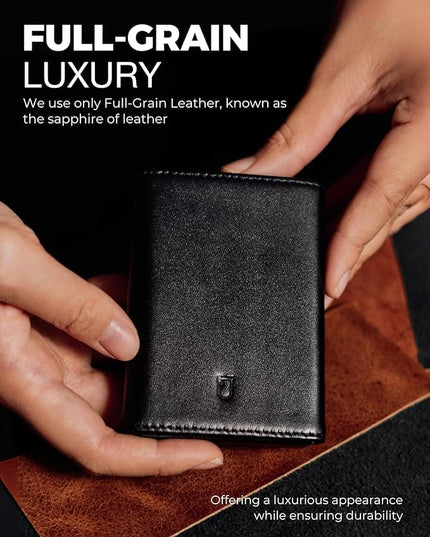 Jenoss Smart Wallet For Men: Full Grain Leather, Handcrafted, Slide Metal Pop Up Case, Slim RFID Blocking Credit Card Holder, Minimalist, Compact - 9-12 Cards Organizers | ID | Money Clip (Black)