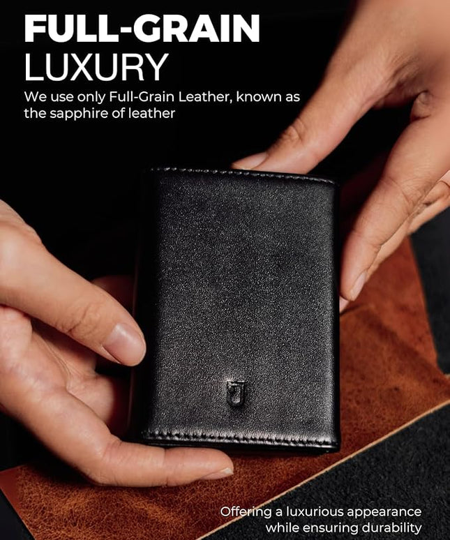 Jenoss Smart Wallet For Men: Full Grain Leather, Handcrafted, Slide Metal Pop Up Case, Slim RFID Blocking Credit Card Holder, Minimalist, Compact - 9-12 Cards Organizers | ID | Money Clip (Black)