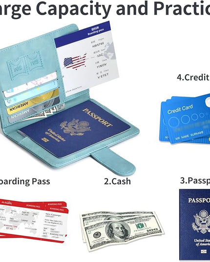 Passport Holder, Passport Cover with Credit Card Slot and Boarding Pass Slot Combo, Passport Wallet Case Book Travel Must Have, RFID Blocking Leather Travel Accessories, Light Blue