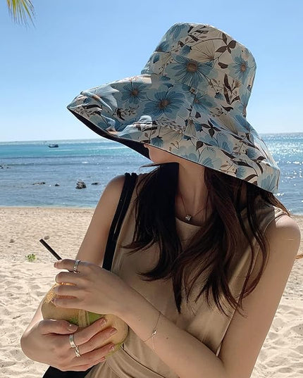 HUAMULAN Women Summer Sun Hat Wide Brim Wired Edge Floral Beach Bucket Hats Reversible Foldable Travel UV Protection Lady Hat