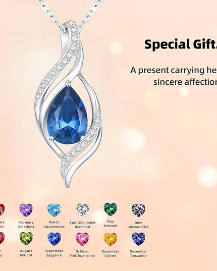 Birthstone Necklace gift for Women S925 Sterling Silver Teardrop with Cubic Zirconia- Birthday Jewelry gift for her, Girlfriend, Wife, Mom on Birthday, Anniversary