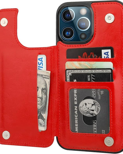ONETOP Compatible with iPhone 13 Pro Max Wallet Case with Card Holder,PU Leather Kickstand Card Slots Case, Double Magnetic Clasp and Durable Shockproof Cover 6.7 Inch(Red)