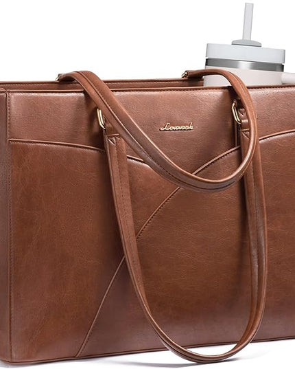 LOVEVOOK Laptop Bag for Women,17.3Inch Work Teacher Bags Leather Tote Bag Briefcase Waterproof Computer Bag for Women，Brown