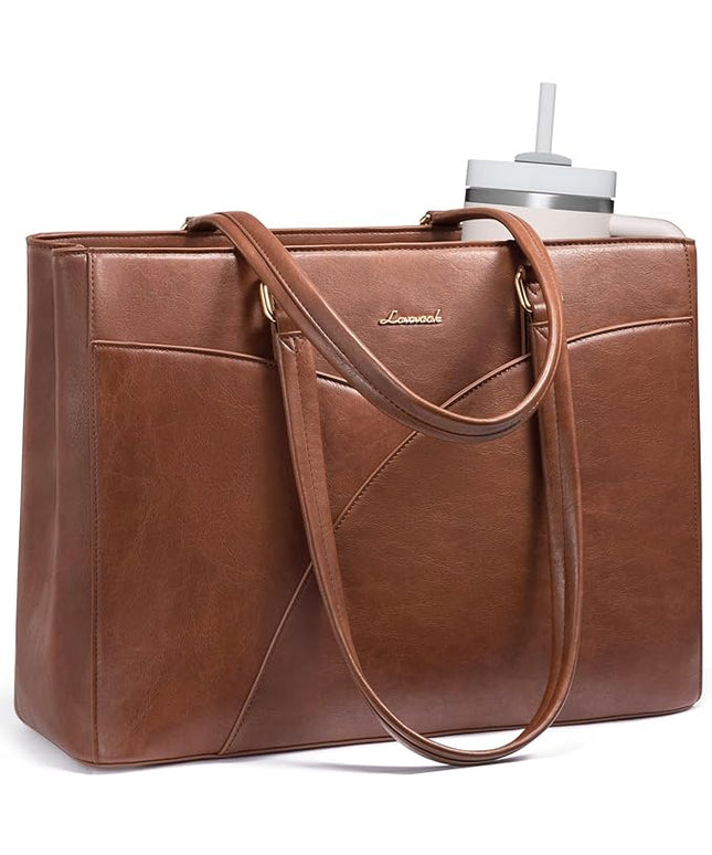 LOVEVOOK Laptop Bag for Women,17.3Inch Work Teacher Bags Leather Tote Bag Briefcase Waterproof Computer Bag for Women，Brown