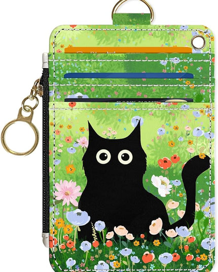 Slim Wallet Credit Card Holder, Cat on the Green Grass, RFID Wallet Women Cute Small Front Pocket Wallet With Zipper, PU Leather Thin travel RFID Blocking Card Case ID Window,Ladies Gifts