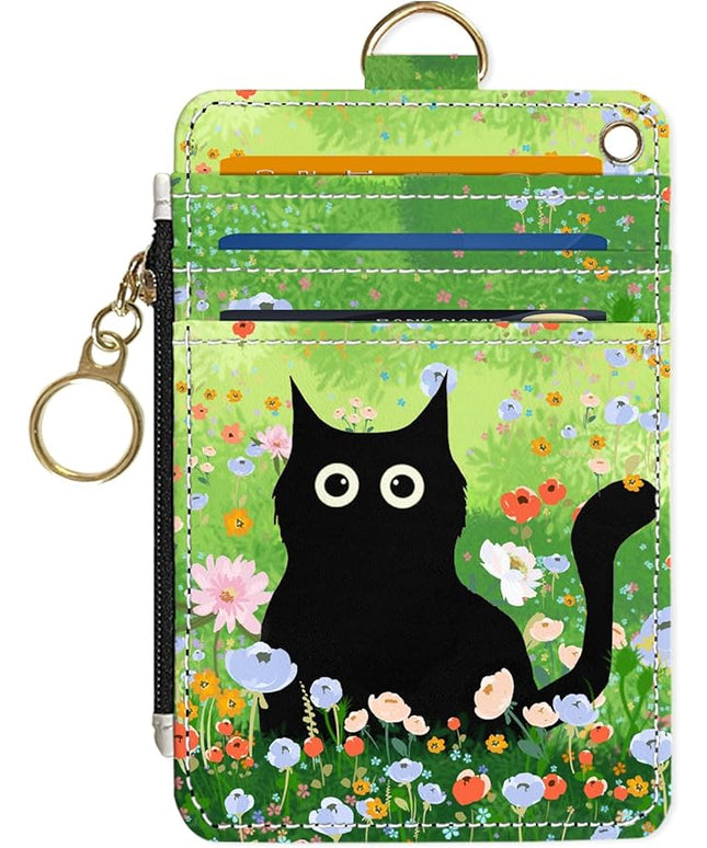 Slim Wallet Credit Card Holder, Cat on the Green Grass, RFID Wallet Women Cute Small Front Pocket Wallet With Zipper, PU Leather Thin travel RFID Blocking Card Case ID Window,Ladies Gifts