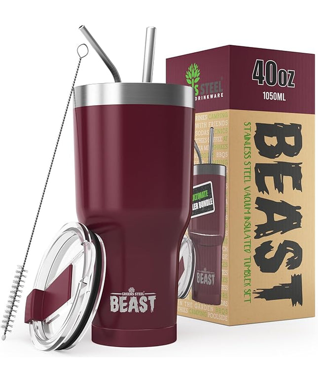 Beast 40 oz Tumbler Stainless Steel Vacuum Insulated Coffee Ice Cup Double Wall Travel Flask (Cranberry Red)