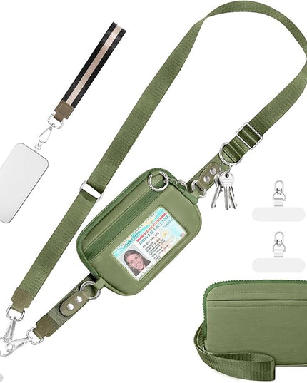 Clip and Go Strap for Phone with Wallet Crossbody Phone Lanyard Adjustable and Detachable RFID Wristlet Wallet with ID Window and Zipper, Green