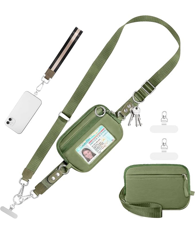 Clip and Go Strap for Phone with Wallet Crossbody Phone Lanyard Adjustable and Detachable RFID Wristlet Wallet with ID Window and Zipper, Green