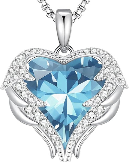 CDE Christmas Gifts for Women Angel Wings Necklace for Women with Birthstone, Love Heart Silver Tone/Gold Tone Pendant, Ideal Anniversary or Birthday Jewelry Gifts for Wife Girlfriend Her