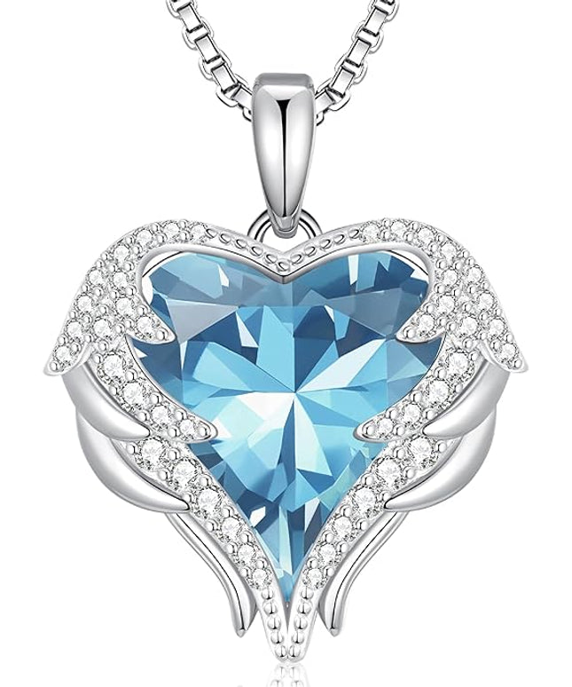 CDE Christmas Gifts for Women Angel Wings Necklace for Women with Birthstone, Love Heart Silver Tone/Gold Tone Pendant, Ideal Anniversary or Birthday Jewelry Gifts for Wife Girlfriend Her