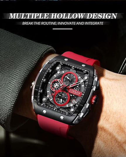 PASOY Luxury Chronograph Watches for Mens Rubber Strap Black Waterproof Date Analog Quartz Watch