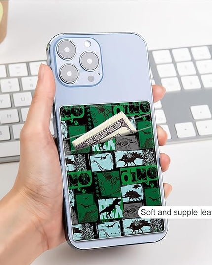 Phone Card Holder, Dual Pocket Leather Wallet Adhesive Stick On, Cute Credit Card Holder for Smartphones Case Compatible with Most Phone（dinosaur）