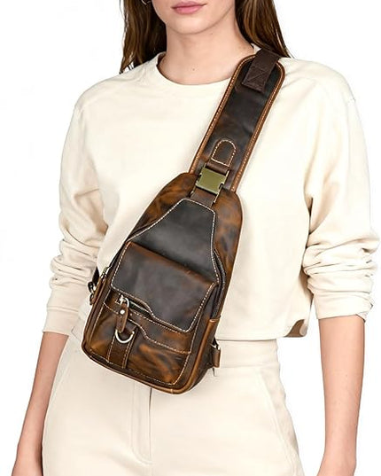 Genuine Leather Hiking Travel DayPack Sling Crossbody Triangle Chest Pack Bag For Men Women 8241