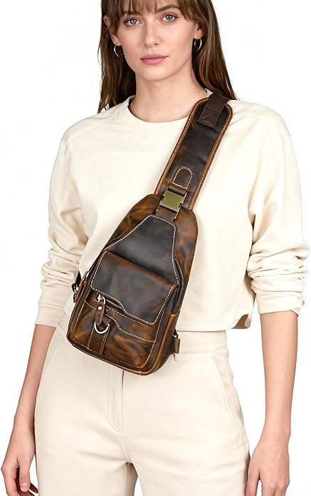 Genuine Leather Hiking Travel DayPack Sling Crossbody Triangle Chest Pack Bag For Men Women 8241