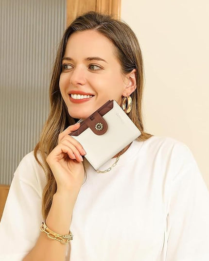 Blucoay Wallet Women,RFID Blocking Leather Womens Wallet Bifold Compact Card Holder Small Wallet for Women with Removable ID Window(Whitebrown)