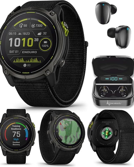 Wearable4U Garmin Enduro 3 – 51 mm, Solar, Sapphire, Ultraperformance GPS Smartwatch, Carbon Gray DLC Titanium with Black UltraFit Nylon Strap Black Earbuds Bundle