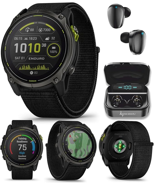 Wearable4U Garmin Enduro 3 – 51 mm, Solar, Sapphire, Ultraperformance GPS Smartwatch, Carbon Gray DLC Titanium with Black UltraFit Nylon Strap Black Earbuds Bundle