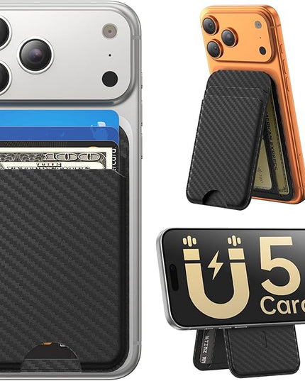 Fanseesy for MagSafe Wallet with Stand, 5 Card Holder, Slim Leather Magnetic Wallet for iPhone 17/16/15/14/13/12 Pro Max Plus Air Series, 3 Card Slots & 1 Cash Slot,Carbon Fiber