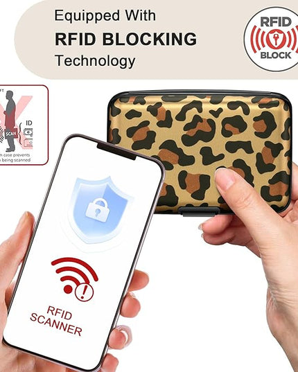 ELFISH Mini RFID Aluminum Wallet Credit Cards Holder Business Card Case Metal ID Case for Men Women（Leopard