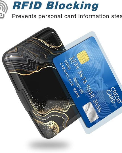 Atufsuat Credit Card Holder, Mini Aluminum Card Wallet RFID Blocking Slim Metal Hard Card Case for Women Men, Black Gold