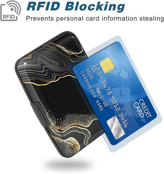 Atufsuat Credit Card Holder, Mini Aluminum Card Wallet RFID Blocking Slim Metal Hard Card Case for Women Men, Black Gold