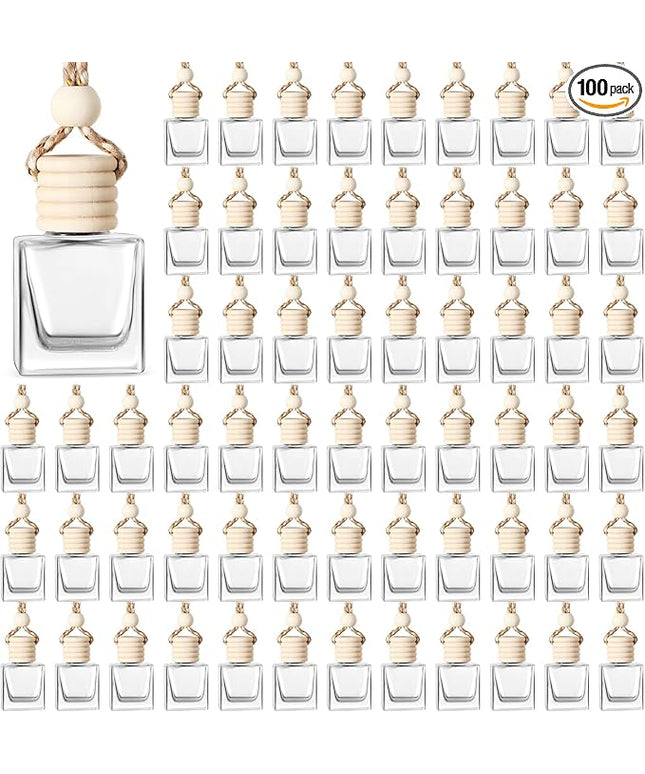 BBTO 100 Pcs Oil Air Freshener Diffuser with Wooden Cap Empty Essential Diffuser Aromatherapy Car Fresheners Car Fragrance Holder Aesthetic Decor Hanging Perfume Bottle (Clear,Square Style)