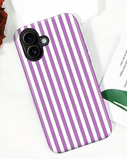 Magnetic for iPhone 16 Case Cute Stripes Phone Case, Shockproof Slim TPU and Hard PC Protective Phone Cover Compatible with MagSafe Designed for Women Girls, Purple