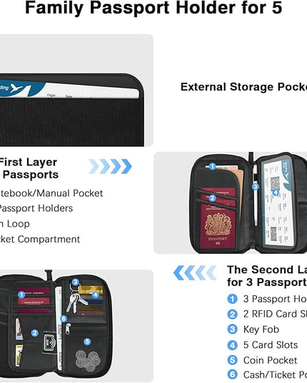 MoKo Family Passport Holder for 5, RFID Blocking Passport Wallet for Men Women, Travel Wallet Holder with Multiple Compartments, Travel Document Organzier for Cards, ID, Tickets, Keys, Black