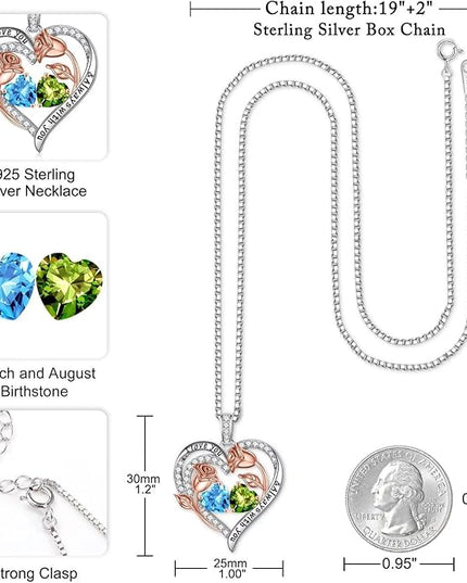 Iefil Christmas Gifts for Women Wife - 925 Sterling Silver Rose Heart Birthstone Necklace Birthday Anniversary Jewelry Gifts for Her Wife Mom Daughter
