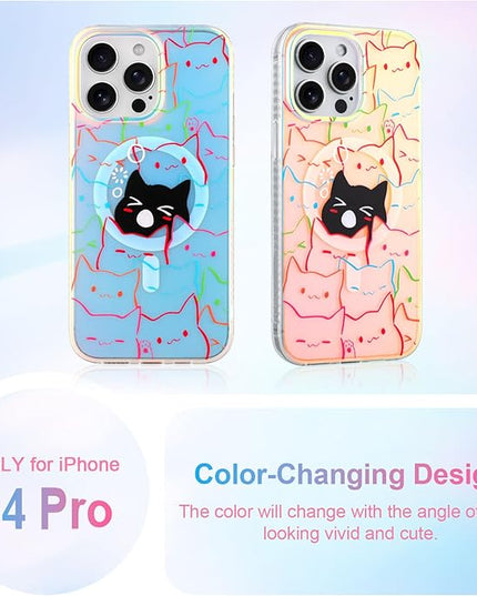 Cute Case for iPhone 14 Pro Case for Women Girls Boys [ Compatible with Magsafe ] Iridescent and Black Cats Cat Pattern Design, Kawaii Colorful Animal Soft Bumper Protective Phone Cover