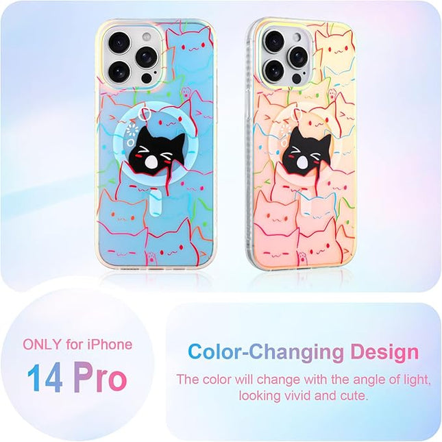 Cute Case for iPhone 14 Pro Case for Women Girls Boys [ Compatible with Magsafe ] Iridescent and Black Cats Cat Pattern Design, Kawaii Colorful Animal Soft Bumper Protective Phone Cover