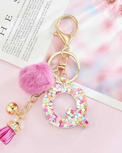 Resin Alphabet Initial Letter Keychain Keyring for Women Purse Handbags With Fur Ball Pom