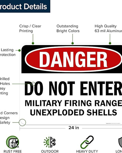 Danger Do Not Enter Military Firing Range Unexploded Shells Sign, 18x24 Inches, Rust Free .063 Aluminum, Fade Resistant, Made in USA by My Sign Center