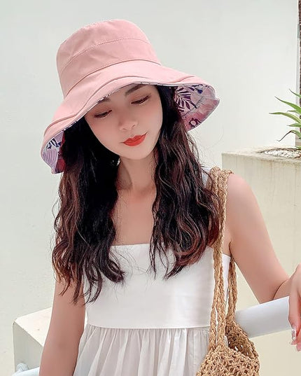 HUAMULAN Women Summer Sun Hat Wide Brim Wired Edge Floral Beach Bucket Hats Reversible Foldable Travel UV Protection Lady Hat