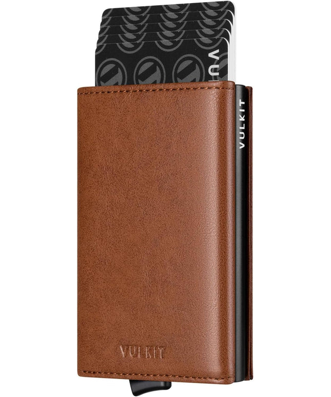 VULKIT Pop up Card Wallet Minimalist Cash Wallets RFID Blocking Leather Smart Credit Card Holder with ID window for Men(Brown)