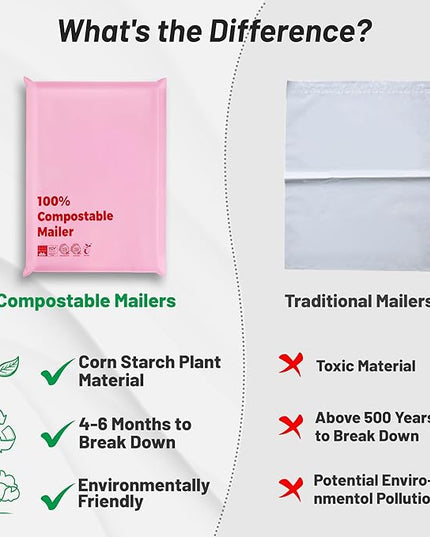 100% Compostable 10x15 inch Shipping Bags with Self Seal Waterproof Shipping Mailers with Eco Friendly Packaging Envelopes Supplies Mailing Bags BPI Certified Pink, 50 Counts