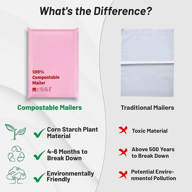 100% Compostable 10x15 inch Shipping Bags with Self Seal Waterproof Shipping Mailers with Eco Friendly Packaging Envelopes Supplies Mailing Bags BPI Certified Pink, 50 Counts