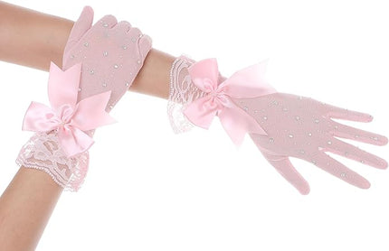 Lace Gloves for Women - Short Bow Rhinestone Tulle Sheer Sparkly Evening Stretchy Gloves for Wedding Opera Party