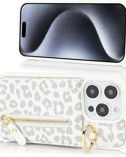 for iPhone 15 Pro Wallet Case with Card Holder, for iPhone 15 Pro Case Wallet with Strap Credit Card Slot, Crossbody Bag with Zipper Case for iPhone15 Pro - White Leopard