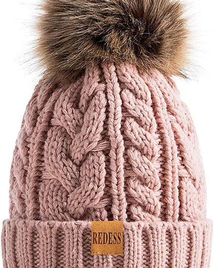 REDESS Women Winter Pompom Beanie Hat with Warm Fleece Lined, Thick Slouchy Snow Knit Skull Ski Cap